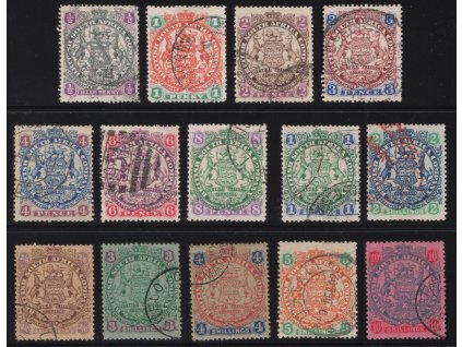 Rhodesie - Britská Jihoafrická společnost 1896, Mi. 27-38 (1/2 a 1 d nepočítany!), O 2 d - 10 šil. výplatní, různá jakost