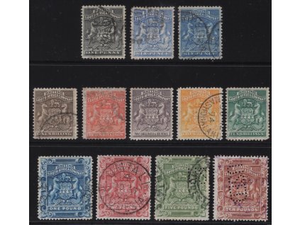 Rhodesie - Britská Jihoafrická společnost 1892, Mi. 1-11 (č. 5 x, perfiny), O 1 d - 10 £ (bílá čísla), některá O fiskalní, různá jakost