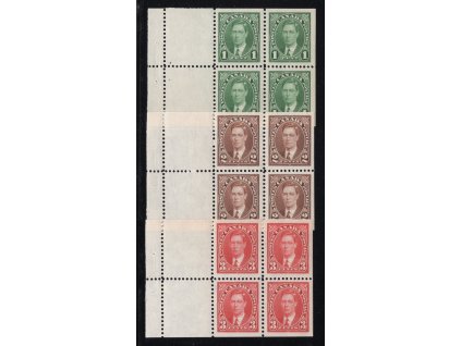 Kanada 1937, Mi. 197-9 (H-Bl. 31-3), xx/x 1-3 c Jiří VI., 3 sešitkové listy, stopa po nálepce na kuponu