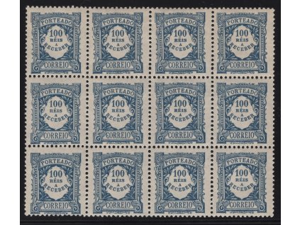 Portugalsko Doplatní 1904, Mi. P13, xx/x 100 R, 12-blok, koncovka, 10 ks xx