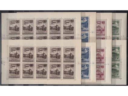 ČSR II Letecké 1951, Pof. PL L33-6, xx dvě série Lázně, první všechny s normálním perforačním rámcem (TD A1, A1, A2, A), druhá série všechny s obráceným perforačním rámcem (TD B, B, A2, A), z původního skladu PZO Artia, hezká jakost