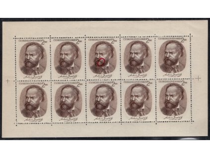 ČSR II 1951, Pof. PL 595, xx Dvořák, 10blok, normální perforační rámec, na ZP 3 "přerušené vousy", na jedné známce vl