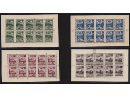 ČSR II Letecké 1951, Pof. PL L33-6, xx série Lázně, 10bloky, z toho 6 - 15 Kč menší vady lepu, 20 Kčs nahoře a mezi známkami částečně rozděleno, dolní okraj vcelku