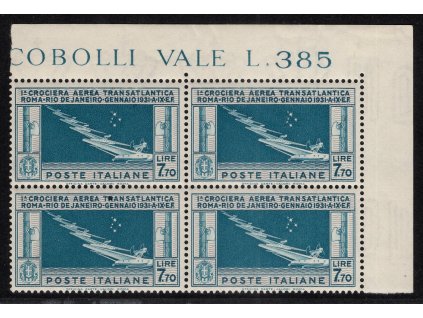 Itálie 1930, Mi. 361, xx 7,70 L Let Řím - Rio, rohový 4-blok, krásný kus, jen kousek celulózy v papíru, zcela ojedinělý výskyt!