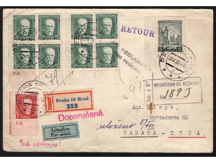 ČSR I 1930, ⌧︎ R- Praha-Havana, atraktivní frankatura se 4 DČ, všechny náležitosti