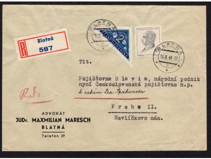 ČSR II 1948, ⌧︎ R- s doruční známkou, firemní korespondence