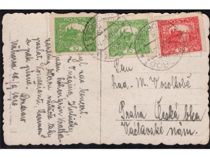 ČSR I 1918, Pof. 6 nezoubkovaná 10 h zelená, ⌧︎ na pohlednici Užhorodu, O Užhorod 1 / 20.9.1920, široký střih, pohlednice nastřižená, správně vyplaceno, zcela ojedinělý výskyt!