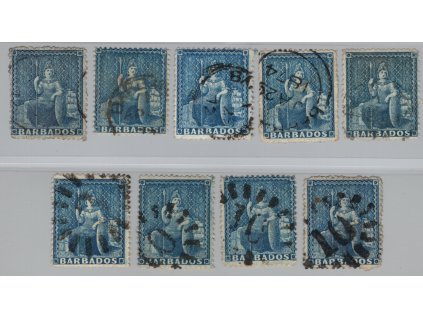 Barbados 1871, Mi. 17, O (1 d), sestava 9 ks, různá jakost