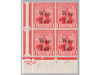 Trinidad a Tobago 1918, Mi. 92, xx/x 1 d WAR TAX, čtyřblok s kupony