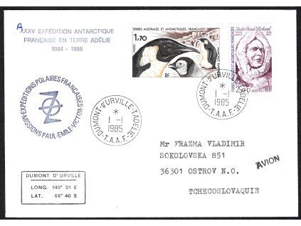 Francouzská jižní a antarktická území 1985, ⌧︎ FDC Tučňák císařský (Aptenodytes forsteri) & André Franck Liotard