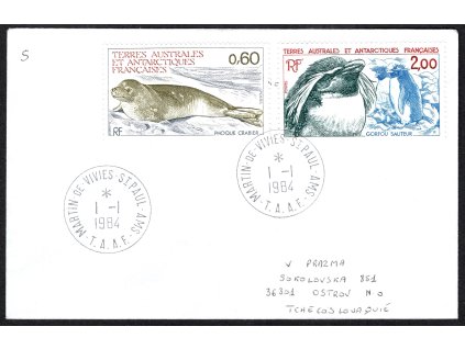 Francouzská jižní a antarktická území 1984, ⌧︎ FDC Tučňák skalní (Eudyptes chrysocome) & Tuleň krabožravý (Lobodon carcinophaga)