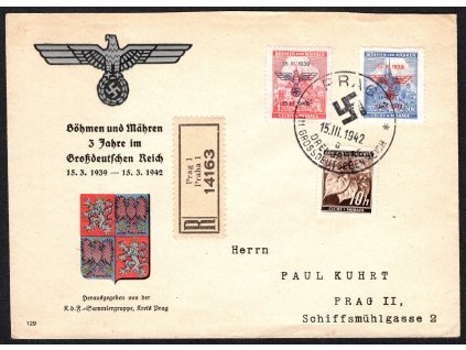 BuM 1942, ⌧︎ FDC Přítisk k 3. výročí vzniku protektorátu, O 15.3.1942!, R-Praha 1 #14163