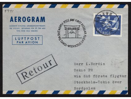 Švédsko 1957, ⌧︎ [první let] Aerogram O SAS First Regular Flight Stockholm - Tokyo via the North Pole