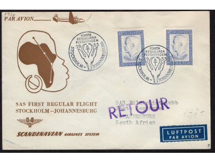 Švédsko 1953, ⌧︎ [první let] SAS First Regular Flight Stockholm - Johannesburg, sleva!