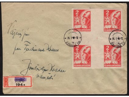 ČSR II 1945, Pof. 354 Mx, ⌧︎ R-Praha 15, vyplacený malým košickým křížem 2 K