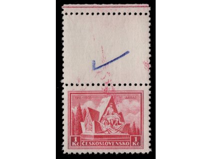 ČSR I 1935, Pof. 289 KH, xx 1 Kč Arras, rozmazaný tisk - na kuponu označený tiskařem, stopy po přichycení