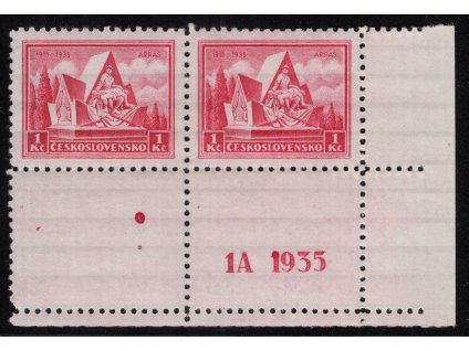 ČSR I 1935, Pof. 289, xx 1 Kč Arras, PD dvoupáska s DČ, na kuponu 2 skvrny tiskové barvy