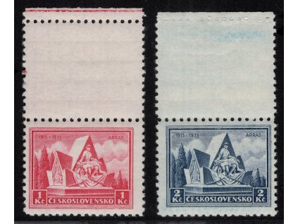 ČSR I 1935, Pof. 289-90 KH, xx série Arras, 1 Kč červená skvrnka tiskové barvy na kuponu, 2 Kč modrý pruh na kuponu + nevypadlé PO