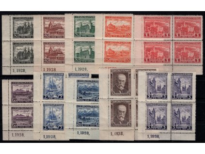 ČSR I 1928, Pof. 233-42 čtyřbloky s DČ, xx/x 10. výročí vzniku ČSR (Jubilejní), DČ xx; nálepka vždy jen na 1 známce
