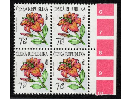ČR 2005, Pof. 423, xx 7,50 Kč Lilie - francouzský papír! (na tomto papíru je známo jen 84 kusů známek!), krajový čtyřblok, zk dr. Beneš