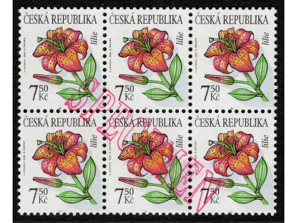 ČR 2005, Pof. 423, xx 7,50 Kč Lilie - francouzský papír! (na tomto papíru je známo jen 100 známek /jeden arch/, z nich 16 s přítiskem SPECIMEN přes část známky), šestiblok, přes pět známek je kompletní přítisk SPECIMEN, v této podobě unikát!