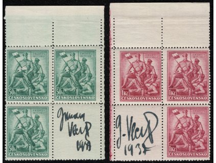 ČSR I 1937, Pof. 318-9, xx série Zborov, 2x 4blok s kup. s podpisy autora J. Vlček