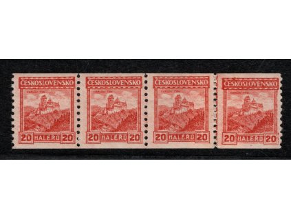 ČSR I 1926, Pof. 216 lep bez pruhů, xx 20 h Hrady, 4-páska s nastaveným papírem a čárou uprostřed dvou známek
