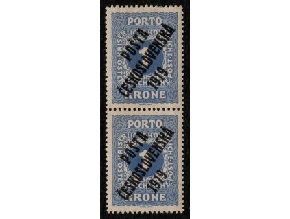 ČSR I 1919, Pof. 80, xx 1 K Malé číslo PČ, svislá dvoupáska, horní známka s úplným obtiskem přetisku, dolní bez obtisku, obě I. typ - vzácná kombinace, v TD se vyskytuje jen 2x