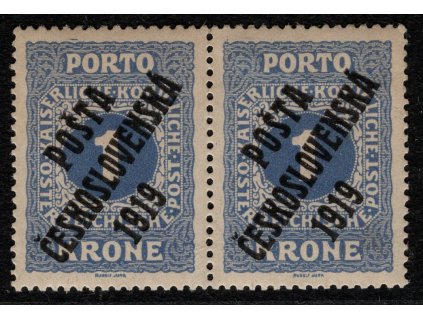 ČSR I 1919, Pof. 80, xx 1 K Malé číslo PČ, vodorovná dvoupáska, obě s úplným obtiskem přetisku, obě I. typ - nejvzácnější kombinace, v TD se vyskytuje jen 1x