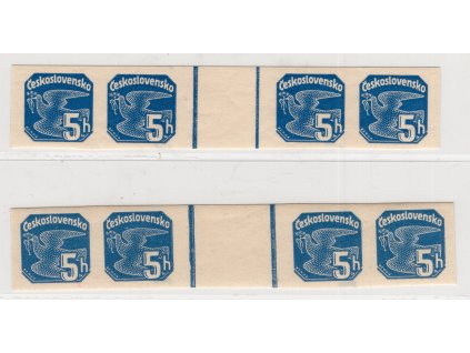 ČSR I Novinové 1937, Pof. NV M 15+15 v (4), xx 5+5 h 4známkové vodorovné meziarší, 2 kusy – úzká a široká mezera, zk. Gi