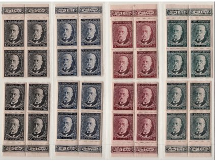 ČSR I 1930, Pof. 261-4, xx TGM, čtyřbloky s KH+D, 10 Kč levá spodní: zajímavá výrobní vada (vada stíracího zařízení) - "Scarface"