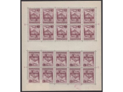 ČSR II Letecké 1951, Pof. TL L34, xx 10 Kč Lázně, 20blok, na okraji slabý otisk prstu tiskaře tiskovou barvou - neobvyklé!