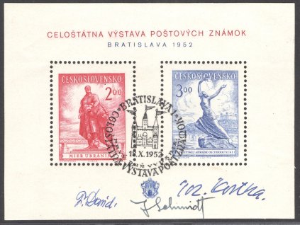 ČSR II 1952, Pof. A 691-2, O A Bratislava s podpisy rytce J. Schmidt a obou sochařů! (F. David a J. Kostka)