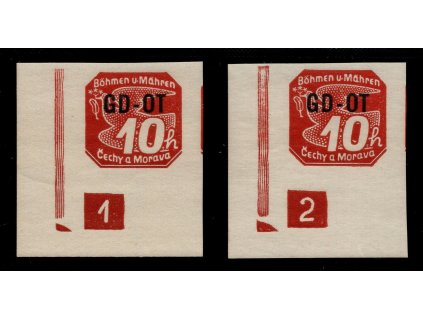 BuM 1939, Pof. OT 1, xx 10 h GD-OT, dva levé dolní rohové kusy s DČ 1 a 2, obě s trojúhelníkem dole, vzácný výskyt!