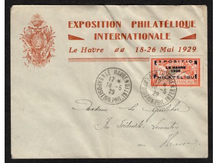 Francie 1929, Mi. 239, ⌧︎ 2 Fr přetisk Výstava Le Havre, obálka mimo známku jemně přeložena