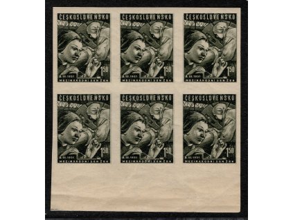 ČSR II 1951, Pof. 578N, xx 1,50 Kčs MDŽ (nezoubkovaná), 6-blok s dolním okrajem, zezadu typické slabé lůmky, bez jakékoli značky, takto velký blok neobvyklý výskyt - možná unikát