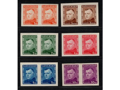 Slovenský štát 1945, Pof. 120-125N, xx/x Tiso, nezoubkované dvoupásky, zepředu krásné, zezadu některé svěží a některé se stopou po přilepení v albu, vzácná série