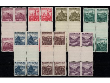 ČSR I 1936, Pof. 304-10, xx Města, trhaná meziarší ve dvoupáskách (do sbírek jsou zařazována jako "čtyřbloky"), ve dvoupáskách řídký výskyt