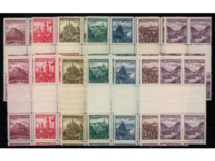 ČSR I 1936, Pof. 304-10, xx Města, řezaná a trhaná meziarší ve dvoupáskách (do sbírek jsou zařazována jako "čtyřbloky"), ve dvoupáskách řídký výskyt