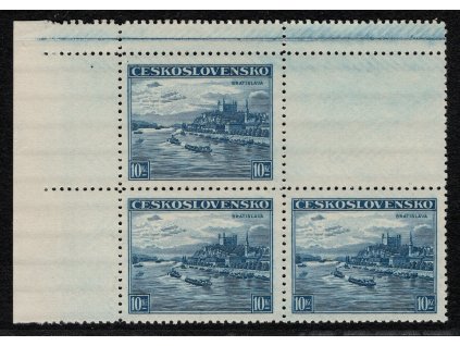 BuM 1939, Pof. 313, xx 10 Kč Města 1936, levý horní čtyřblok - dotisk pro protektorátní přetisk (modrá tečka na okraji vlevo nahoře), z nerozříznutého, ale roztrženého soutisku archů, tedy s nepravými kupony nahoře