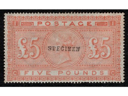 Velká Británie 1882, Mi. 66, x 5 £ SPECIMEN, vzácná varianta - namodralý papír (původní náklad), lep jen na části zadní strany, KC SG 3.000 liber