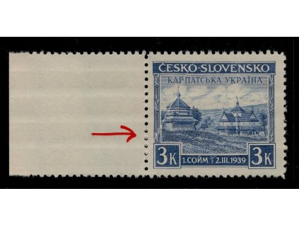 ČSR I 1939, Pof. 351, xx Sněm KU, s levým okrajem a úzkou složkou (zvrásněním) s nedotiskem přes celou známku