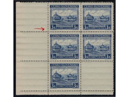 ČSR I 1939, Pof. 351, xx Sněm KU, LD 6-blok s úzkou složkou (zvrásněním) s nedotiskem přes polovinu známky