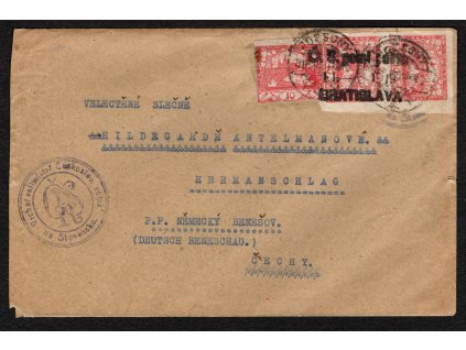 ČSR I 1918, ⌧︎ těžší dopis velitelství vojska na Slovensku, vyplacený 3x 10 h Hradčany