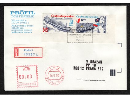 ČSR II 1989, Pof. 2888-9 ze SL, R-⌧︎ vyplacený 2-páskou 3 + 4 Kčs Námořní plavba, odeslaný v poslední den platnosti čs známek 30.9.1993 - tedy jde o souběžnou frankaturu ČR, dodací razítko