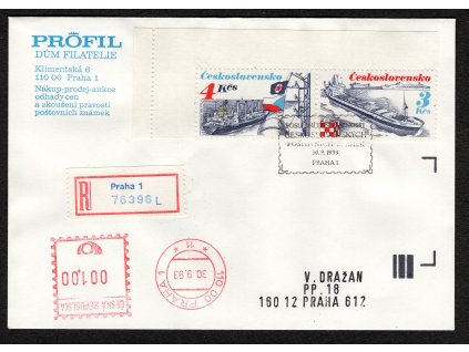 ČSR II 1989, Pof. 2888-9 ze SL, R-⌧︎ vyplacený 2-páskou 4 + 3 Kčs Námořní plavba, odeslaný v poslední den platnosti čs známek 30.9.1993 - tedy jde o souběžnou frankaturu ČR, dodací razítko