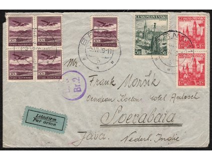 BuM 1939, Pof. L15, ⌧︎ s 5 čs. leteckými 30 h a dofr., jako souběžné, letecky na Jávu, stopy poštovní přepravy, všechny náležitosti, ojedinělá celistvost