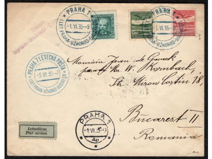 ČSR I Letecké 1930, Pof. L7-8 a dofr., ⌧︎ 1. let Praha - Bukurešť 3.6.1935 (i s původními razítky 1.6.1935), přepraveno jen 196 ks