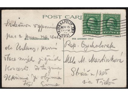 ČSR I (USA) 1921, pohlednice odeslaná slavnou pěvkyní Emou Destinnovou z Indianapolis v průběhu jejího turné, adresovaná ředitelce jejího velkostatku, včetně osobního sdělení, vše psáno její rukou, včetně podpisu Ema, zajímavé