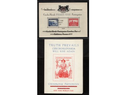 ČSR I 1939, xx Exilový aršík - PRAGA 1938 - Toronto - New York 1939, zajímavě posunutý přítisk: linky nahoře doprava, linky dole doleva, druhá řádka standardně, přítisk na kuponu do levé známky, s destičkami, první nám známý takový kus